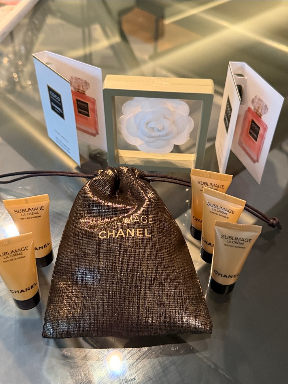 CHANEL Sublimage Mini Skincare Set in Gold and Brown Camila Flower and 2 coco